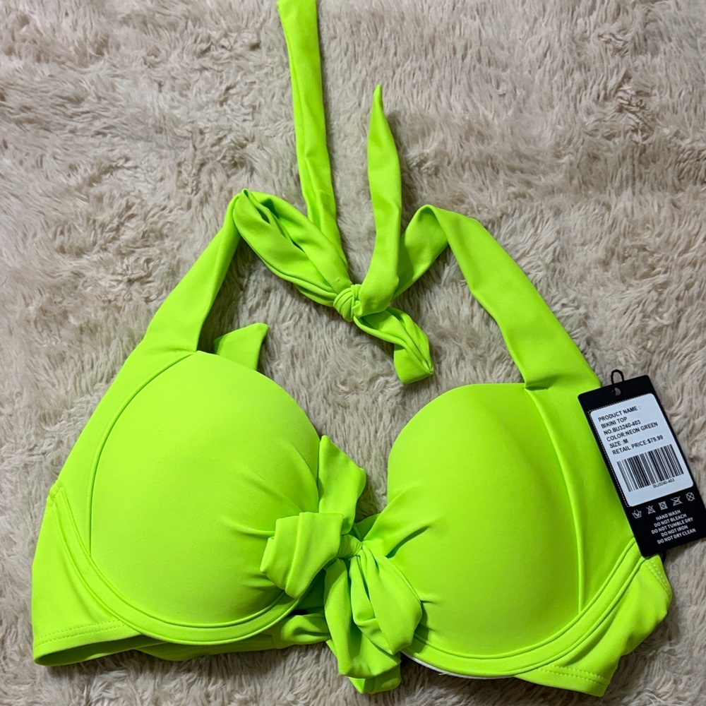 Neon Lime Tie-Front Halter Bikini Top — Vibrant Lime Swimwear